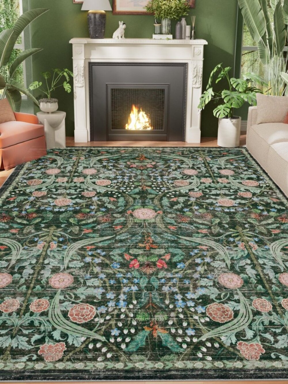 8x10 Washable Area Rugs for Living Room, Non-Slip Large Soft Boho Floral Vintage